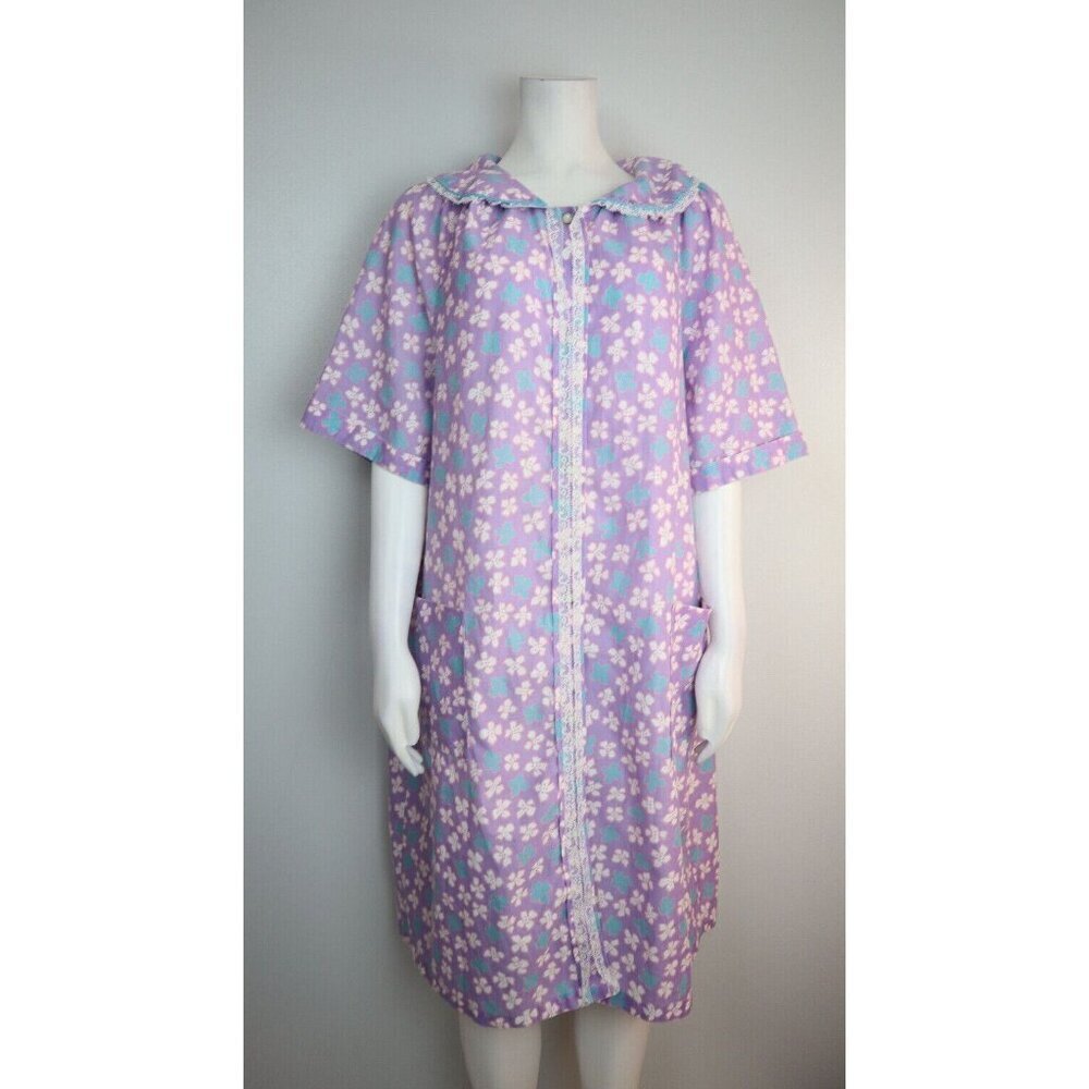 VINTAGE WOMEN'S PURPLE FLORAL PRINT HOUSE DRESS - IZZY'S PLACE - SIZE L